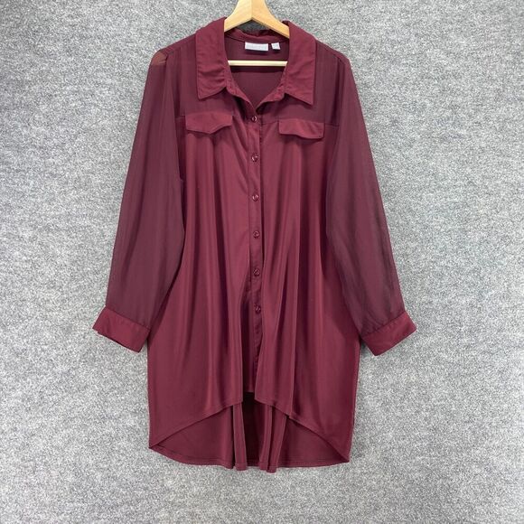 Susan Graver Shirt Women L Large Red Button Up Long Sleeve Collared Blouse - Picture 1 of 9